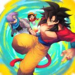  1girl 2boys bandana belt black_hair blue_eyes blue_sash closed_mouth dougi dragon_ball dragon_ball_(object) dragon_ball_gt female_child gloves grandfather_and_granddaughter long_hair looking_at_viewer monkey_boy monkey_tail multiple_boys ommmyoh open_mouth orange_bandana pan_(dragon_ball) pants red_fur saiyan sash short_hair smile son_goku spiked_hair super_saiyan super_saiyan_4 tail trunks_(dragon_ball) yellow_pants 