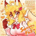  &lt;3 1:1 accessory anthro blonde_hair blush blush_lines bow_ribbon canid canine clothed clothing comifur cowlick detailed_background dipstick_ears dipstick_tail english_text female fluffy fluffy_tail fox fur hair hair_accessory hairpin heart_hair_accessory jasmin_(jasminthemanticore) looking_at_viewer mammal markings multicolored_ears open_mouth orange_eyes orange_text red_fox solo star tail tail_markings text topwear yellow_body yellow_fur 