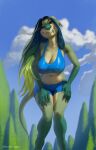  2023 anthro big_breasts biped blonde_hair blue_hair breasts cleavage clothed clothing cloud digital_media_(artwork) dragon fangs female green_body green_horn hair hi_res horn joyce_(totesfleisch8) long_hair looking_at_viewer male multicolored_body multicolored_hair navel nipple_outline outside plant pupils red_eyes scalie sky slit_pupils smile smiling_at_viewer solo tan_body teeth totesfleisch8 tree two_tone_hair yellow_sclera 
