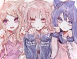  3girls :3 akamatsu_kaede animal_ears blonde_hair blue_hair blue_jacket blue_sailor_collar blunt_bangs blush bow bowtie cat_ears collared_shirt danganronpa:_trigger_happy_havoc danganronpa_(series) danganronpa_2:_goodbye_despair danganronpa_v3:_killing_harmony flipped_hair galaga hair_ornament hairpin highres jacket long_hair long_sleeves looking_at_viewer maizono_sayaka multiple_girls musical_note musical_note_hair_ornament nanami_chiaki naruse_(nal1525) neck_ribbon necktie open_mouth parted_lips pink_bow pink_eyes pink_hair pink_ribbon pink_sweater_vest ribbon sailor_collar school_uniform shirt short_hair sidelocks spaceship_hair_ornament sweater_vest swept_bangs upper_body white_background white_shirt 