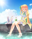  1girl barefoot blue_sky blush cloud cloudy_sky day dock galleon-joe hair_bun hair_ornament hair_ribbon highres hinatsuki_mikan long_hair machikado_mazoku magical_girl open_mouth orange_hair outdoors pier ribbon shoes shoes_removed single_hair_bun sky solo water 