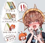  ! !! 3girls ? ahoge apron barghest_(swimsuit_archer)_(fate) belt black_scrunchie black_sleeves blonde_hair blood blue_eyes blue_overalls blush braid breasts brown_hair censored check_translation chibi closed_eyes closed_mouth crown_braid drooling english_text fang fate/grand_order fate_(series) fujimaru_ritsuka_(female) heavy_breathing highres holding holding_tray huge_breasts leggings mosaic_censoring multiple_girls orange_hair orange_headwear overalls puffy_sleeves red_leggings red_pupils sandwiched scrunchie shimogamo_(shimomo_12) short_sleeves side_braid side_ponytail skin_fang small_breasts striped striped_headwear tongue translation_request tray upper_body van_gogh_(fate) vore 