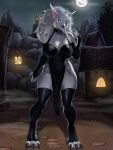  3:4 absurd_res anthro blizzard_entertainment blue_eyes bremonqueen_(artist) canid clawed_fingers claws clothed clothing collar female fur gloves handwear hi_res legwear lexi_joyhart light mammal moon moonlight skimpy thick_thighs thigh_highs toe_claws warcraft were werecanid white_body white_fur worgen 