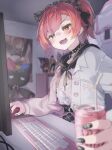  1girl :d absurdres at_computer black_nails blush can chair cropped_jacket drinking_straw gaming_chair highres holding holding_can indoors jacket keyboard_(computer) kurumi_tsuchi monitor mouse_(computer) multicolored_hair nekota_tsuna open_clothes open_jacket orange_eyes orange_hair pink_hair smile solo streaked_hair stuffed_animal stuffed_cat stuffed_toy swivel_chair upper_body vspo! 