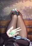  1girl absurdres animal_keychain aqua_footwear bench black_jacket blue_archive from_above highres holding jacket kazusa_(blue_archive) keychain pantyhose rancidronin shoes sitting skirt sneakers solo thighs 