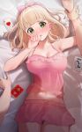  1girl absurdres bare_shoulders bed_sheet blonde_hair blunt_bangs blush breasts card cleavage commentary copyright_request green_eyes hairband highres large_breasts lingerie looking_at_viewer midriff navel pink_hairband pov pov_hands short_hair solo_focus underwear vegetablenabe 