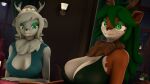  3d_(artwork) 4k absurd_res anthro antlers aspen_frost_(donglysfm) big_breasts breast_envy breasts buckteeth cleavage clothed clothing deer digital_media_(artwork) donglysfm dress duo female green_hair hair hi_res horn inside mammal neck_tuft restaurant revamped_anthros sibling_(lore) sister_(lore) sisters_(lore) source_filmmaker tea_tree_(donglysfm) teeth tuft 