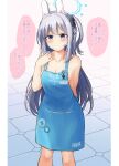  1girl animal_ears apron blue_apron blue_archive blue_halo blush breasts closed_mouth earpiece fake_animal_ears feet_out_of_frame grey_hair habara_meguru hair_between_eyes halo highres long_hair miyako_(blue_archive) naked_apron one_side_up purple_eyes rabbit_ears small_breasts smile solo speech_bubble translation_request 