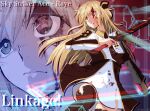  1girl blonde_hair blood brown_necktie collared_dress dress duel_monster fumio_(fumifumi) green_eyes heterochromia highres holding holding_sword holding_weapon long_hair long_sleeves necktie red_eyes sky_striker_ace_-_raye solo sword thighhighs torn_clothes two-tone_dress weapon yu-gi-oh! 