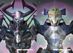  ahoge artoria_pendragon_(fate) backlighting blue_bow blue_eyes bow character_name comiket_94 energy fate/grand_order fate_(series) glowing glowing_eye glowing_eyes gorget green_eyes halo horns king_hassan_(fate) kuramochi_kyouryuu looking_at_viewer mecha mechanization no_humans robot 