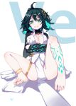  1girl absurdres ahoge arashidori_90 arms_under_breasts barefoot benghuai_xueyuan black_gloves breasts cleavage cleavage_cutout clothing_cutout covered_nipples full_body gloves green_eyes green_hair hair_ornament highres honkai_(series) honkai_impact_3rd large_breasts looking_at_viewer parted_lips pelvic_curtain shadow short_hair signature soles solo tattoo teeth toenails toga tribadism wendy_(honkai_impact) white_background 