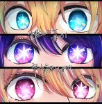  1boy 2girls absurdres blonde_hair blue_eyes close-up column_lineup copyright_name eye_focus eyelashes hair_between_eyes highres hoshino_ai_(oshi_no_ko) hoshino_aquamarine hoshino_ruby looking_at_viewer multiple_girls n_(animation2204) oshi_no_ko pink_eyes purple_eyes purple_hair star-shaped_pupils star_(symbol) star_in_eye symbol-shaped_pupils symbol_in_eye 