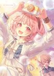  1boy 1girl arms_up blonde_hair blush bracelet bubble camera closed_eyes commentary conch dogdogwanwan holding holding_camera jewelry kanaria_wa_kyuukyou_ni_utau_(project_sekai) long_sleeves ootori_emu open_mouth pink_eyes pink_hair project_sekai ribbon shirt short_hair smile sparkle tenma_tsukasa upper_body white_ribbon white_shirt 