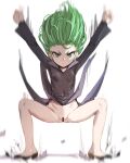  1girl bar_censor black_dress black_footwear bow_(bhp) breasts censored dress green_eyes green_hair long_sleeves looking_at_viewer motion_lines no_panties one-punch_man shoes short_hair simple_background small_breasts solo tatsumaki white_background 
