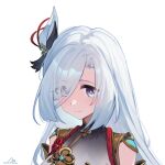  1girl bare_shoulders blue_eyes commentary_request genshin_impact grey_shirt hair_ornament keruitemonu long_hair looking_at_viewer shenhe_(genshin_impact) shirt simple_background solo upper_body white_background white_hair 