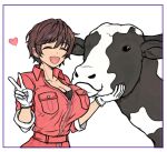  1girl 1other animal breast_pocket breasts brown_hair cleavage collarbone cow gloves heart holding holding_animal huge_breasts idolmaster idolmaster_cinderella_girls jumpsuit makia_very oikawa_shizuku pocket red_jumpsuit short_hair sleeves_rolled_up smile v white_gloves zipper 
