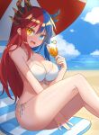  1girl bare_arms bare_legs bare_shoulders beach bikini blue_eyes blue_hair blue_horns blush breasts bright_pupils chair cup dragon_girl dragon_horns drinking_glass drinking_straw heterochromia highres horns inferna_dragnis large_breasts long_hair looking_at_viewer multicolored_hair non-web_source ocean on_chair orange_eyes orange_horns orange_juice original outdoors pale_skin red_hair sand scenery sitting smile solo split-color_hair swimsuit symbol-shaped_pupils two-tone_hair umbrella usagi1923 water white_bikini white_pupils 