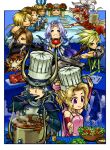  1girl 6+boys :3 armor bare_shoulders bartz_klauser belt black_hair black_jacket blitzball blonde_hair blue_eyes blush brown_hair buster_sword cape cecil_harvey celery chef_hat circlet closed_eyes cloud_strife cooking dark-skinned_male dark_skin detached_sleeves dining_room dissidia_final_fantasy dress drooling everyone final_fantasy final_fantasy_i final_fantasy_ii final_fantasy_iii final_fantasy_iv final_fantasy_ix final_fantasy_v final_fantasy_vi final_fantasy_vii final_fantasy_viii final_fantasy_x firion flower food fork gloves hair_ribbon hat helmet holding holding_food holding_fork holding_knife holding_plate holding_vegetable horns jacket knife long_hair meat mimonel mouth_drool multiple_boys onion_knight open_mouth plate ponytail purple_eyes ribbon rose scar shirt short_hair shoulder_armor sleeveless sleeveless_turtleneck smile spiked_hair squall_leonhart sweatdrop sword terra_branford thick_eyebrows tidus tomato turtleneck vegetable warrior_of_light_(ff1) weapon white_hair white_shirt zidane_tribal 