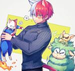  1boy animal animal_ear_fluff animal_ears animal_on_head animalization bakugou_katsuki blue_eyes blue_sweater boku_no_hero_academia burn_scar cat cat_boy cat_ears cat_tail chihuahua clenched_teeth closed_eyes commentary dog fire flame flame-tipped_tail green_background grey_eyes hair_between_eyes hands_up heterochromia highres holding holding_animal holding_cat long_sleeves looking_at_viewer male_focus mecyo_(mamezurushiki) midoriya_izuku motion_lines multicolored_hair notice_lines on_head parted_lips red_hair ribbed_sweater scar scar_on_face sheep short_hair simple_background speech_bubble split-color_hair string sweatdrop sweater symbol-only_commentary tail teeth todoroki_shouto torn_clothes torn_sweater translation_request turtleneck turtleneck_sweater two-tone_hair v-shaped_eyebrows white_background white_hair 