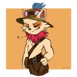  1:1 anthro artist_name belt belt_buckle bottomwear brown_bottomwear brown_clothing brown_pants clothed clothing cute_fangs digital_media_(artwork) eye_markings fur geometric_background goggles_on_headwear hand_on_hip hat headgear headwear hi_res kretii league_of_legends male male_anthro markings narrowed_eyes neck_tuft pants pouch_(clothing) riot_games simple_background solo standing tan_body tan_fur teemo_(lol) topless topless_anthro topless_male tuft yordle 