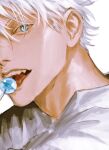  1boy blue_eyes candy food gojou_satoru jujutsu_kaisen lollipop looking_at_viewer male_focus ndsoda open_mouth portrait shirt short_hair simple_background smile solo teeth tongue tongue_out upper_teeth_only white_background white_hair white_shirt 