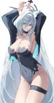  1girl absurdres animal_ear_fluff animal_ears arms_behind_head blue_archive breasts choker cleavage collarbone cowboy_shot grey_hair groin hair_between_eyes halo highres large_breasts leotard natka27 shiroko_(blue_archive) shiroko_(terror)_(blue_archive) skindentation solo thigh_strap 