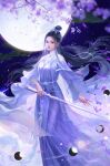  1girl absurdres against_the_gods black_hair bracelet bug butterfly chinese_clothes crescent_moon earrings flower full_moon hair_ornament highres holding holding_sword holding_weapon jewelry long_hair moon official_art purple_eyes purple_moon sword weapon xia_qingyue_(against_the_gods) 
