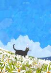  animal animal_focus artist_name black_cat blue_sky cat cloud commentary day english_commentary field flower flower_field gatoiberico grass highres no_humans original outdoors sky white_flower 