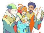  1girl 2boys :d afro_puffs arm_over_shoulder asticassia_school_uniform beanie blue_eyes bottle brown_hair closed_eyes dark-skinned_male dark_skin gundam gundam_suisei_no_majo hair_between_eyes hairband hat holding holding_bottle jacket long_sleeves looking_at_another multiple_boys nuno_kargan ojelo_gabel open_mouth red_hair school_uniform short_hair simple_background smile spilling stained_clothes standing suiseikaro suletta_mercury thick_eyebrows upper_body white_background white_jacket wide_sleeves 