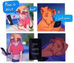  &lt;3 4_panel_comic anthro beverage blonde_hair border boyfriends brown_body brown_fur canid canine canis cellphone chin_tuft clothing crop_top domestic_dog duo ears_down english_text eyes_closed facial_tuft fur girly hair half-closed_eyes heresvix lagomorph leporid lying male mammal narrowed_eyes on_front phone pivoted_ears rabbit shirt sleeping smartphone smile tea text tinted_glasses topwear white_body white_border white_fur 