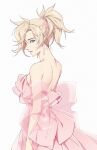  1girl absurdres bare_shoulders blonde_hair breasts dress from_side highres large_breasts looking_at_viewer looking_to_the_side maro_(lij512) mercy_(overwatch) overwatch parted_lips pink_dress ponytail simple_background solo strapless strapless_dress white_background 