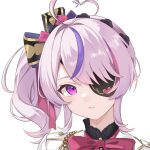  1girl ahoge black_bow bow bowtie eyepatch hair_bow heart heart_ahoge highres maria_marionette may_(yumimay) medium_hair multicolored_bow multicolored_hair nijisanji nijisanji_en one_eye_covered pink_bow pink_bowtie pink_hair purple_eyes purple_hair side_ponytail simple_background solo streaked_hair virtual_youtuber white_background 