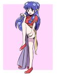  1girl blue_hair blush border bow brown_eyes china_dress chinese_clothes double_bun dress flats hair_bow hair_bun leg_up long_hair open_mouth paw_pose pink_background ranma_1/2 red_dress red_footwear shampoo_(ranma_1/2) sidelocks solo thighs truth-pp white_border 