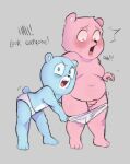  2023 anthro azulin_(unicorn_wars) balls bear blue_body blue_eyes blush clothing dialogue duo english_text genitals gordi_(unicorn_wars) hi_res humanoid_hands male mammal penis pink_eyes slightly_chubby surprise text underwear unicorn_wars vemtrr 