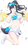  1girl absurdres animal_ears black_hair blue_archive blush bracelet breasts cheerleader cleavage confetti crop_top dog_ears dog_girl dog_tail eyewear_on_head frown gloves grey_eyes halo halter_shirt halterneck hibiki_(blue_archive) hibiki_(cheer_squad)_(blue_archive) highres holding holding_pom_poms jewelry jitome kyujuukyu long_hair looking_at_viewer medium_breasts midriff navel open_mouth partially_fingerless_gloves pleated_skirt pom_pom_(cheerleading) ponytail shoes skirt sneakers solo standing standing_on_one_leg tail wavy_mouth 