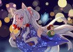  1girl absurdres animal_ear_fluff animal_ears beads blue_kimono blurry blush bokeh breasts candy_apple commentary_request curtained_hair depth_of_field floating_hair floral_print flower_knot food fox_ears fox_girl fox_shadow_puppet from_side fuu_(koneko_no_yomeiri) grey_hair hair_beads hair_ornament hair_scrunchie half_updo highres holding holding_food japanese_clothes kimono large_breasts leaning_forward long_hair looking_at_viewer looking_to_the_side nhk_(voiceroid) obi obijime one_eye_closed outline pink_eyes print_kimono sash scrunchie sidelocks solo spirit tongue tongue_out touhoku_itako touhoku_kiritan touhoku_zunko upper_body voiceroid water_yoyo yukata 