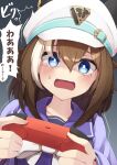  1girl absurdres blue_eyes blush brown_hair cheval_grand_(umamusume) collarbone commentary_request controller dark_background game_controller hair_between_eyes hair_ornament hat hibiki_(zerocodo) highres holding holding_controller holding_game_controller horse_girl looking_at_viewer open_mouth peaked_cap playing_games school_uniform simple_background solo sweat tearing_up tears tracen_school_uniform translation_request umamusume white_headwear 
