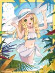  1girl :d bikini bikini_top_only blonde_hair blue_sky border braid cloud cumulonimbus_cloud day falling_petals flower green_eyes hands_on_headwear hat highres kinocopro lillie_(pokemon) long_hair looking_at_viewer navel ocean open_mouth outdoors petals plant pokemon pokemon_(anime) pokemon_sm_(anime) rainbow sarong sky smile solo sparkle stomach sun_hat swimsuit twin_braids twitter_username wading water white_headwear yellow_border yellow_flower 