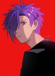  1boy black_shirt commentary fire_emblem fire_emblem:_three_houses fire_emblem_warriors:_three_hopes hair_over_one_eye highres looking_at_viewer male_focus nzmnnkk one_eye_covered purple_eyes purple_hair red_background shadow shez_(fire_emblem) shez_(male)_(fire_emblem) shirt short_hair simple_background solo twitter_username upper_body 