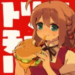  1girl blue_eyes braid brown_hair burger eating food highres holding holding_food itaike_na_kanojo looking_at_viewer mota nanase_honoka side_braid solo 