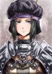  1girl 2019 adventurer_(ff11) armor artist_name black_hair blue_eyes closed_mouth dated final_fantasy final_fantasy_xi frown hat hume morere pink_lips purple_headwear short_hair signature solo upper_body 