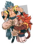  absurdres biceps black_wristband bleeding blood blood_from_mouth blood_on_face blue_eyes blue_sash body_fur bruise bruise_on_face dirty dirty_clothes dirty_face dragon_ball dragon_ball_gt dragon_ball_super dual_persona gogeta highres injury male_focus metamoran_vest monkey_boy monkey_tail muscular muscular_male no_nipples pants pectorals red_hair relio_db318 sash scratches simple_background spiked_hair super_saiyan super_saiyan_4 super_saiyan_blue tail torn torn_clothes veins veiny_hands white_pants 