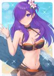  1girl bare_shoulders bikini black_bikini breasts cleavage closed_mouth fire_emblem fire_emblem:_three_houses fire_emblem_heroes fire_emblem_warriors:_three_hopes flower hair_flower hair_ornament hair_over_one_eye highres large_breasts long_hair looking_at_viewer official_alternate_costume oyusame purple_hair red_trim shez_(female)_(fire_emblem) shez_(female)_(summer)_(fire_emblem) shez_(fire_emblem) smile solo sparkle surfboard swimsuit waving whistle white_flower 