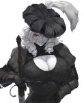  breasts cleavage cleavage_cutout clothing_cutout commentary covered_nipples drill_hair english_commentary gloves hat_feather hat_over_one_eye highres holding holding_sword holding_weapon juliet_sleeves katzbalger landsknecht large_breasts long_sleeves looking_at_viewer monochrome original puffy_sleeves red_eyes renaissance_clothes smile spot_color sword tezy8art twin_drills upper_body vampire weapon 