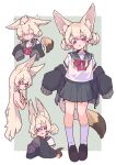  1girl absurdres animal_ear_fluff animal_ears black_footwear black_jacket blush_stickers closed_eyes commentary_request covering covering_breasts cropped_torso double_bun fox_ears fox_girl fox_tail full_body grey_sailor_collar grey_skirt hair_bun hands_up headpat highres jacket loafers long_hair looking_at_viewer looking_to_the_side megateru open_clothes open_jacket open_mouth original parted_lips pleated_skirt red_eyes red_ribbon ribbon sailor_collar school_uniform serafuku shaded_face shirt shoes short_sleeves simple_background skirt sleeves_past_fingers sleeves_past_wrists standing tail topless very_long_hair very_long_sleeves white_shirt 