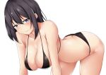  1girl 3: absurdres all_fours ass bare_shoulders bikini black_bikini black_hair blue_eyes blush breasts butt_crack cleavage collarbone hanging_breasts highres large_breasts long_hair looking_at_viewer original simple_background solo swimsuit terakoya white_background 
