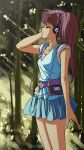  1girl absurdres arm_up asagiri_youko belt blue_shirt blue_skirt brown_hair cassette_player closed_eyes commentary_request forest from_side genmu_senki_leda hand_on_own_head headphones highres listening_to_music long_hair masaaki_endo miniskirt nature open_mouth outdoors shirt side_ponytail skirt sleeveless sleeveless_shirt solo thighs tree walkman 