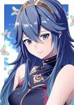  1girl ameno_(a_meno0) blue_eyes blue_hair blue_one-piece_swimsuit blue_sky blush border bug butterfly closed_mouth cloud commentary_request fire_emblem fire_emblem_awakening fire_emblem_cipher hair_between_eyes lips long_hair looking_at_viewer lucina_(fire_emblem) official_alternate_costume one-piece_swimsuit outside_border pink_butterfly pink_lips sky smile solo swimsuit tiara wet white_border 