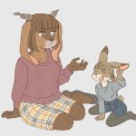  anthro bovid breasts caprine clothed clothing duo ekaki510 female floppy_ears footwear goat horizontal_pupils horn kemono lagomorph leporid mammal pupils rabbit shoes sweater topwear 