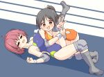  2girls absurdres bare_shoulders boots eager elbow_pads fool_iketani highres knee_pads leg_grab lying multiple_girls on_back open_mouth original pink_hair ponytail tackled wrestling wristband 